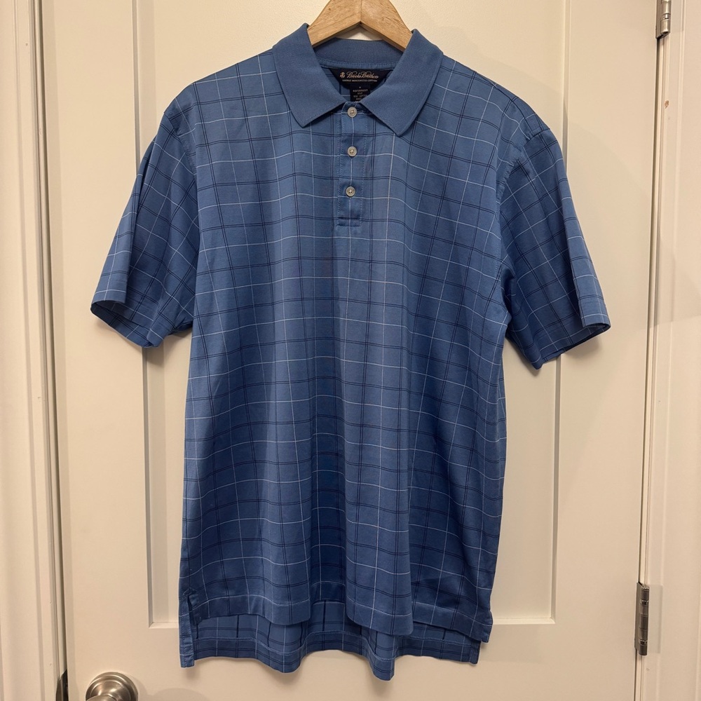 Brooks Brothers Polo Shirt Blue Check Double Mercerized Cotton Performance M